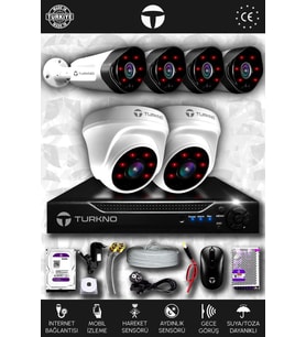 TURKNO 6 Kameralı Galia 2 İç Kamera Set 250 GB HDD Full HD Gece Görüşlü Güvenlik Kamerası Sistemi