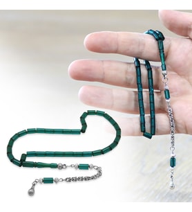 Ateş Kehribar Tesbih - Metal Püsküllü - Mini Boy - Kesme Kesim - Yeşil Renk