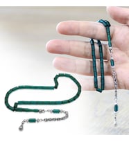 Ateş Kehribar Tesbih - Metal Püsküllü - Mini Boy - Kesme Kesim - Yeşil Renk
