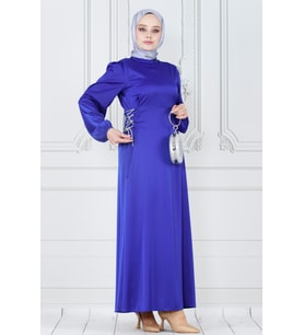 Bağcığı Taş Detaylı Saten Abiye-Saks Mavi