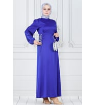 Bağcığı Taş Detaylı Saten Abiye-Saks Mavi