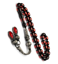 Erkek 1000 Ayar Gümüş Kazaz Kamçılı 7x11mm Kırmızı Sürmeli Toz Kehribar Tesbih (Çok Renkli)