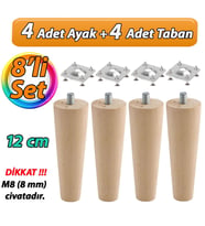 Ahşap Ayak 12 Cm 8'li Set M8 Civatalı Bağlantı Aparatlı Dolap Mobilya Koltuk Kanepe Destek Ayağı Ayakları