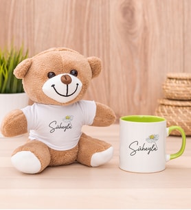 Kişiye Özel Papatya Tasarımlı İsimli Peluş Ayı ve Yeşil Kupa