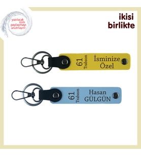 61 Trabzon Yazılı Anlamlı Tasarımlı Deri Anahtarlıklar, İsminiz Yazılı x2'li Set, Sarı-Gök Mavi