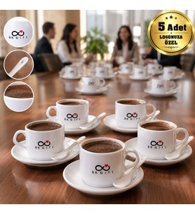 Logonuza Özel 5 Adet Porselen İkili Kaşıklı Fincan Seti - 140 ml Kurumsal Kahve Seti