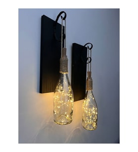 Tıpa Peri Led Işıklı Siyah Ahşap Cam Şampanya Şişesi Duvar Aplik 2'li Set (Çok Renkli)