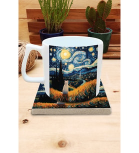 Kediler ve Sanat/Van Gogh Yıldızlı Gece The Starry Night Set 10 - Yelken Fincan Kupa-Taş Bardak Altlığı 2