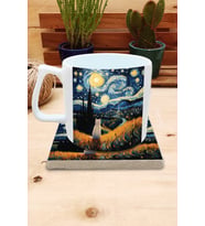 Kediler ve Sanat/Van Gogh Yıldızlı Gece The Starry Night Set 10 - Yelken Fincan Kupa-Taş Bardak Altlığı 2