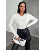 Rahat Ve Şık Uzun Kollu Bisiklet Yaka Likralı Viskon Penye Body Ekru