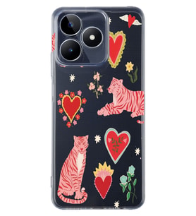 Realme C53 Uyumlu Kaplan ve Kalp Desenli Şeffaf Telefon Kılıfı