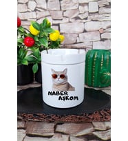 Naber Aşkom-Komik Kedi Baskılı Eğlenceli Hediyelik Seramik Kapaklı Kokusuz Küllük