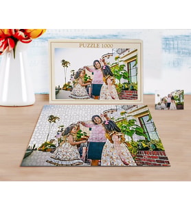 BK Gift Kişiye Özel Tam Boy Anne ve İkiz Çocuklar Karikatürlü 1000 Parça Profesyonel Puzzle-1