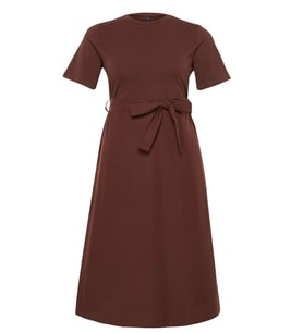 Moda Fit Casual Günlük Süprem Dokuma Bisiklet Yaka Kısa Kol A-Line Midi Boy Büyük Beden Elbise (Kahverengi)