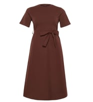 Moda Fit Casual Günlük Süprem Dokuma Bisiklet Yaka Kısa Kol A-Line Midi Boy Büyük Beden Elbise (Kahverengi)