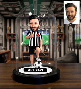 Kişiye Özel Taraftar Karikatür Fanus Biblo - Siyah Beyaz Forma Işıklı Biblo - Yıl Dönümü Hediyesi