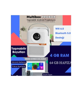 T6 Promax Android Projektör, 4GB RAM, 64GB Hafıza, Wi-Fi, Bluetooth, 240 inç ekran
