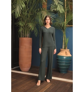 Monamise Kadın Uzun Kollu Önü Düğmeli V Yaka Pijama Takımı 24154 