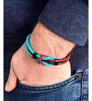 Çift Renkli El Yapımı Taraftar Bilekliği Makrome-%100 Deri Kombin Unisex Bileklik Net 21 cm (Bordo-Mavi)