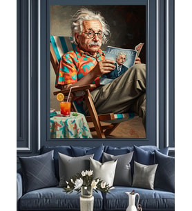 Kitap Okuyan Einstein Portre Sanatı Dekoratif Kanvas - Mdf Ahşap Tablo