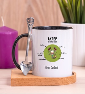 Kişiye Özel Akrep Burcuna Hediye Ahşap Altlıklı Siyah Kupa Bardak