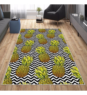 Siyah Beyaz Zigzag Ananas Desen Yıkanabilir Kaymaz Taban Leke Tutmaz Modern Salon Halısı ve Yolluk (Yeşil-Siyah)