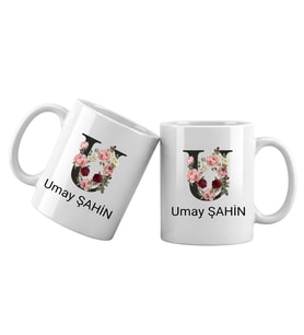 U Harfli Kişiye Özel İsimli Porselen Kupa Bardak – Çiçekli Monogram Harf Tasarımlı İsim Yazılı Kişiselleştirilebilir Hediye Kupa (Beyaz)