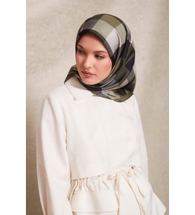 Noktalı Kareli Baskı Twill İpek Eşarp-0934 (Mint Yeşili)
