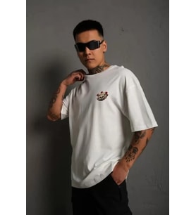 pilelistore- Unisex Bisiklet Yaka Baskılı Oversize T-Shirt - Beyaz