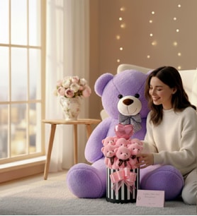 Premium 90 cm Peluş Ayı ve Silindir Kutuda, Kalpli Balonlu 6’lı Pembe Ayıcık Buketi (Lila)