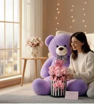 Premium 90 cm Peluş Ayı ve Silindir Kutuda, Kalpli Balonlu 6’lı Pembe Ayıcık Buketi (Lila)