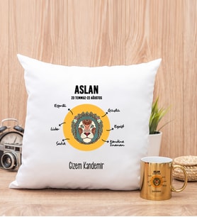 Kişiye Özel Aslan Burcuna Hediye Kare Yastık ve Gold Kupa