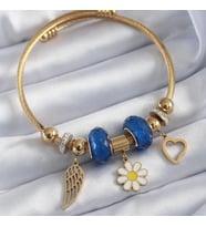 Çelik Gold Renk Mavi Kristal Taşlı Papatya Figür Zirkon Taş Detay Charm Model Kadın Bileklik 2793-2