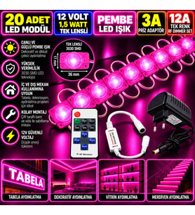 20 Adet 12V 1,5W Tek Lensli 3030 Pembe Led Modül 3A Priz Adaptör 12A Tek Renk RF Dimmer Set