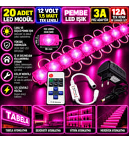 20 Adet 12V 1,5W Tek Lensli 3030 Pembe Led Modül 3A Priz Adaptör 12A Tek Renk RF Dimmer Set