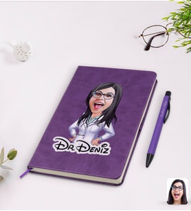 BK Gift Kişiye Özel Kadın Doktor Karikatürlü Mor Termo Deri Defter Kalem Seti Model 1