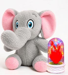 Renkli Led Işıklı Kırmızı Kalpli Fanus ve Sevimli Peluş Fil Hediye Seti