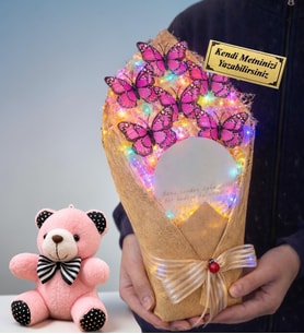 Size Özel Hediye Renkli Işıklı Aynalı Büyül Boy Kelebek Buketi ve Pembe Peluş Ayıcık