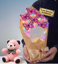 Size Özel Hediye Renkli Işıklı Aynalı Büyül Boy Kelebek Buketi ve Pembe Peluş Ayıcık