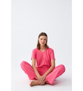 Akbeniz Kadın Kısa Kol Pamuk Penye Pijama Takım Fuşya 4213