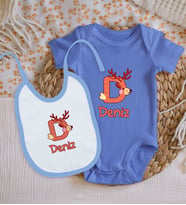 BK Kids Kişiye Özel İsimli Mavi %100 Pamuklu Kısa Kol Bebek Body Zıbın ve Mama Önlüğü Hediye Seti-10