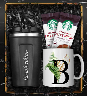 Kişiye Özel Starbucks Model Termos & Kişiye Özel Kupa & İkili Starbucks Mocha Hediye Seti