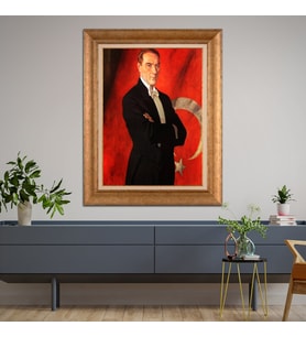 Altın Varaklı Çerçeveli Paspartulu Atatürk Tablo DC1129 (Gold)
