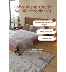 Hüma Model Dikey Başlıklı Masif Ahşap Karyola ve 2 Adet Komodin Kolay Kurulum Fırınlanmış İthal Sibirya Çamı 160x200 Yatak Uyumlu 2 Adet Komodin