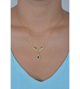 925 Ayar Gümüş Gold Safir Damla Taşlı Tasarım Kolye