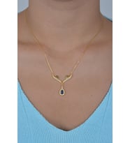 925 Ayar Gümüş Gold Safir Damla Taşlı Tasarım Kolye