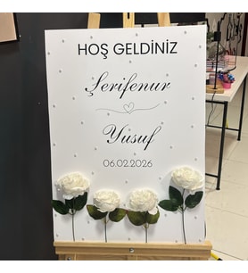 İstediğin konsept, istediğiniz çiçek, çiçekli inci taşlı Karşılama Panosu, Düğün, Nişan, Doğum Günü, Kişiye Özel 50x70 (Beyaz)
