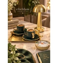 Doğum Günü, Özel Gün, Yeni İş, Yeni Ev Hediyesi İkili Porselen Fincan, Altın Sunum Tepsisi, Soya Mum ve Masa Lambası Seti