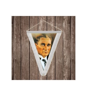 Sivil Mustafa Kemal Atatürk Portresi Beyaz Saçaklı Üçgen Flama Bayrak Hatıra Flama ATA2