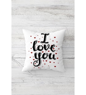 I Love You Yazılı Kalpli Çift Tarafı Baskılı Gizli Fermuarlı Kırlent Koltuk Yastık Kılıfı (Beyaz)